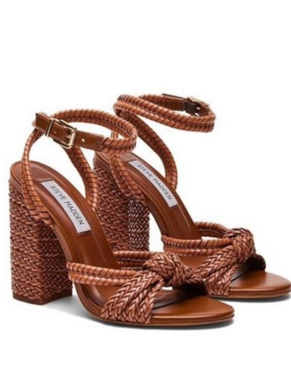 NEW STEVE MADDEN women's malou woven heel sandal in cognac 10M - Picture 5 of 16